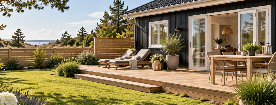 Sommerhus med træterrasse, havehegn og græsplæne